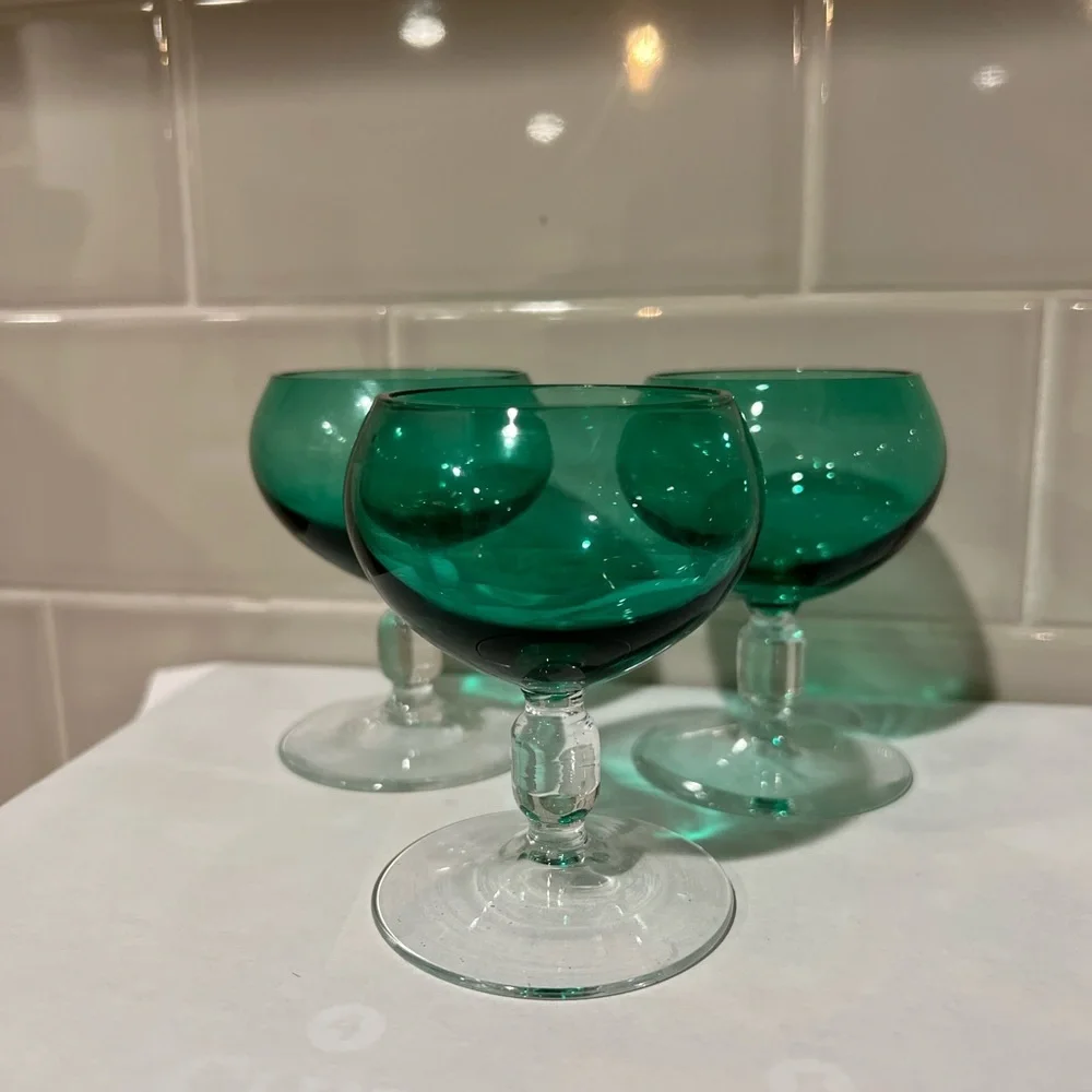 Mid century, Green glass, A lot of 4, clear stem small shot/ sip glasses